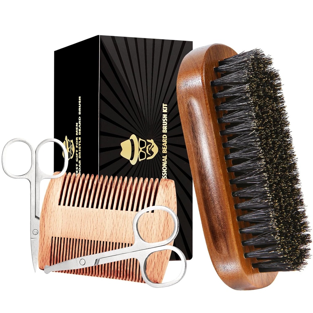 Sosoon Boar Bristle Beard Grooming Set for Men - Rectangular Brush, Comb, 2 Mustache Scisors, Travel Bagd