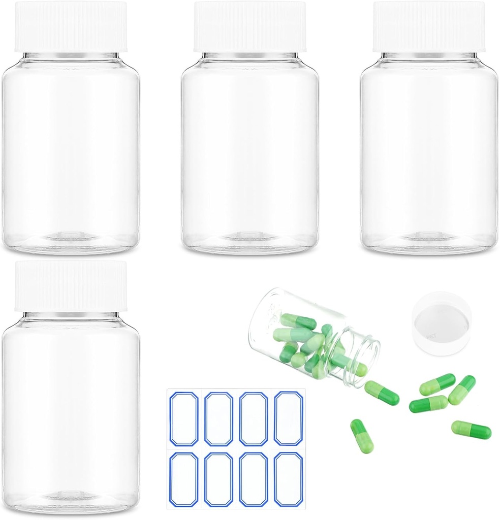 4Pcs Clear Plastic Pill Bottles, 50ml Empty Medicine Containers with Caps for Liquid Solid Powder