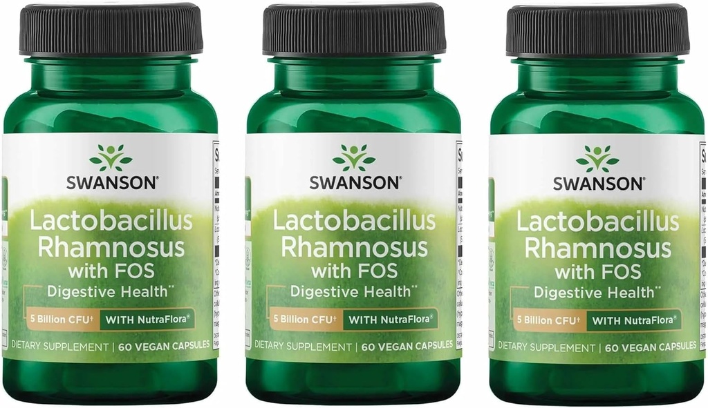 Swanson Lactobacillus Rhamnosus with FOS - Probiyotik Supplement Supports Digestive Health - 5 Milyar CFU - Seyahat sırasında GI Tract Health - (60 Veggie Caps) 3 Pack
