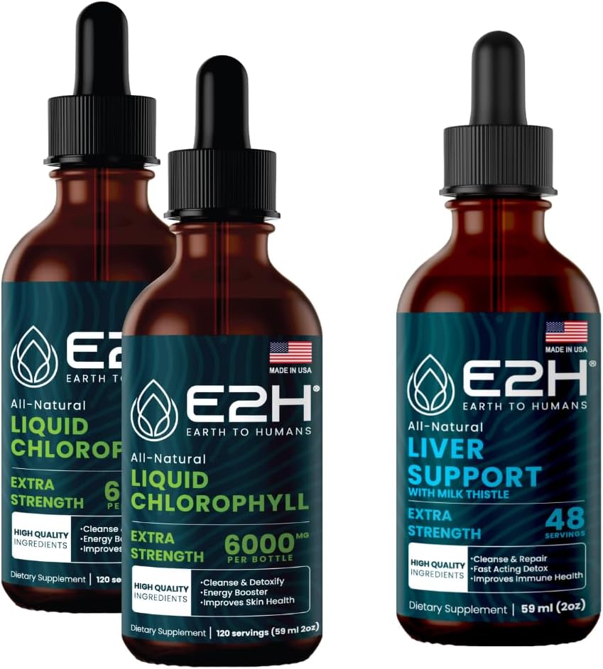 E2H: Chlorophyll Liquid Drops (2 Pack - 4 Fl Oz) ve Liver Support Supplement (Tek Şişe - 2 Fl Oz) | Vegan, Non-GMO - (6 Fl Oz Total) - Sche