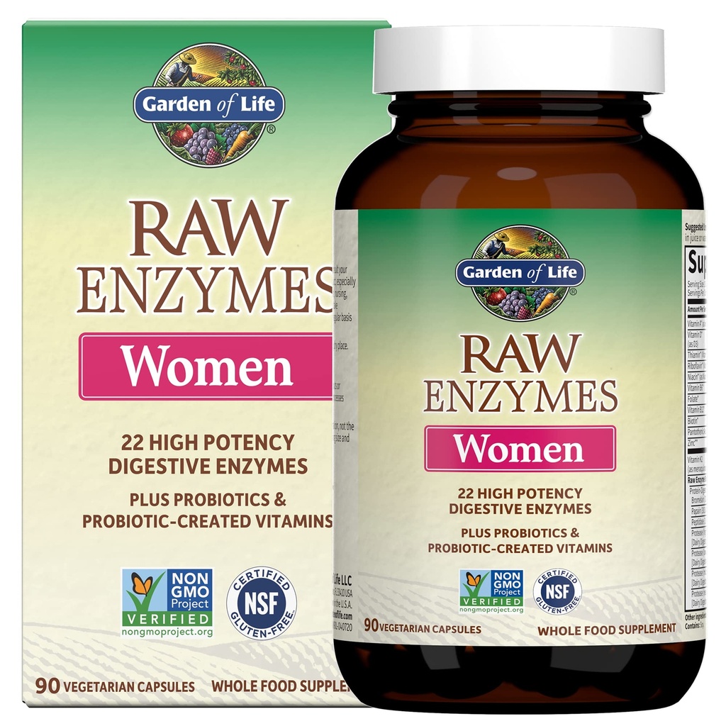 Garden of Life 22 Digestive Enzymes for Women with Bromelain, Papain, Lipase & Lactase plus Probiotics & Vitamins B12, Biotin & Zinc – RAW Enzymes – Μη Γλουτένη, Χωρίς, Χορτοφαγικά, 90 κάψουλες