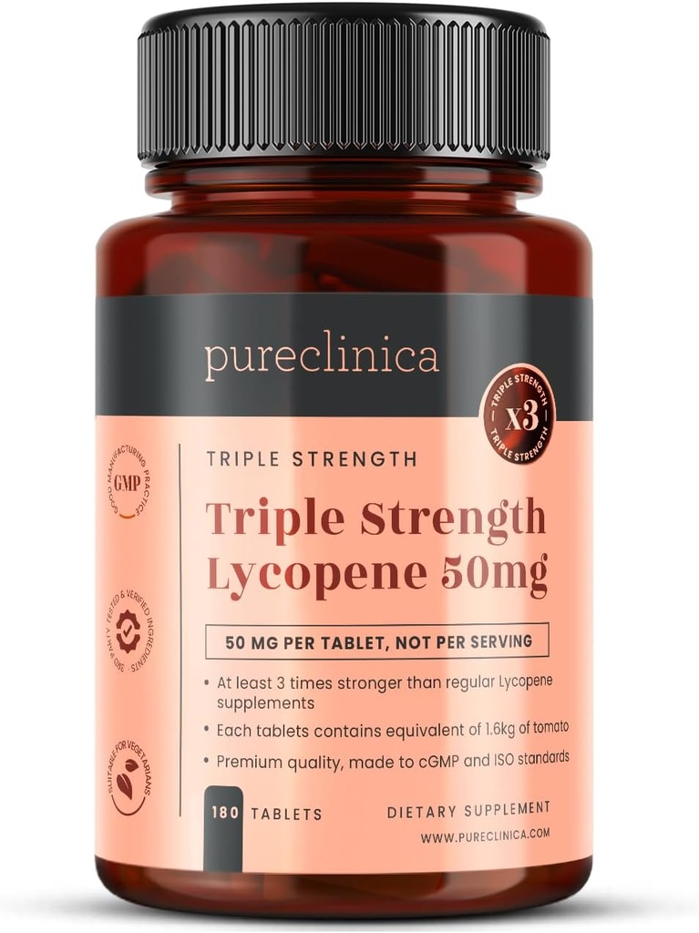 pureclinica Lycopene 50mg x 180 Tablets (6 Months Supply). 300% Strength of Regular Lycopene Tablets