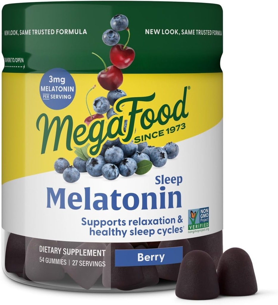 MegaFood Melatonin Gummies - Melatonin 3 mg in Help Relax & Fall Asleep - Yetişkinler için Uyku Gummies - Berry Flavor, Non-GMO, sertifikalı Vegan - 54 Count (27 hizmet)