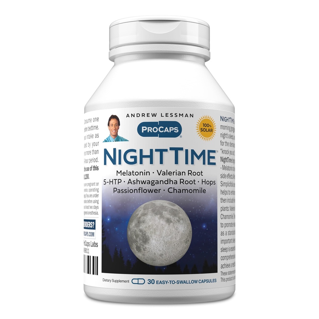 ANDREW LESSMAN Night Time 30 Capsules - 3 mg Melatonin, Valerian, Ashwagandha, Passionflower, Hops, Chamomile. Sabah Grogginess yok. Doğal Destek, Gentle Restful Sleep. Swallow Capsules kolay