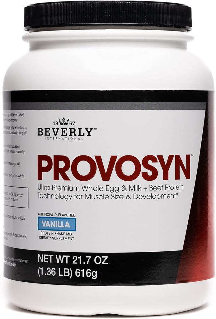PROVOSYN. The Original Ultra-Premium Whole Egg, Milk (Casein + Whey) and Beef Protein Powder. Fast Muscle Building + Recovery. Perfect for Hard Gainers. Vanilla Flavor, 616 g The Mature Users Protein.