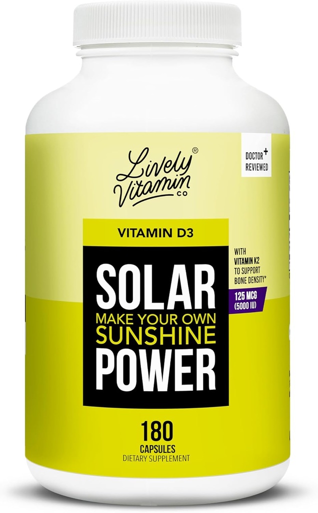 LIVELY VITAMIN CO. Solar Power Vitamin D3 5000 iu - Patentli Vitamin K - MK7 - Immune Balance - Beyin Fonksiyonu - Mood - Kalp - Stres - 180 Kont