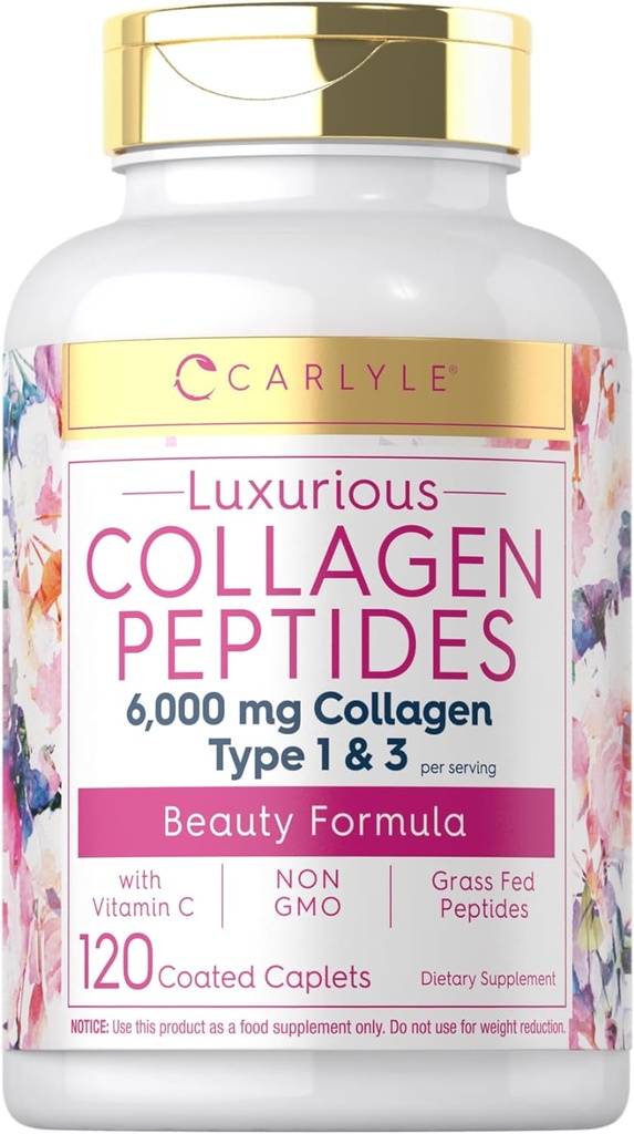 Carlyle Collagen ile C | 6000 mg | 120 Caplets | Multi Collagen Peptide Pills | Tip 1 ve 3 | Non-GMO, Gluten Free, Grass Fed
