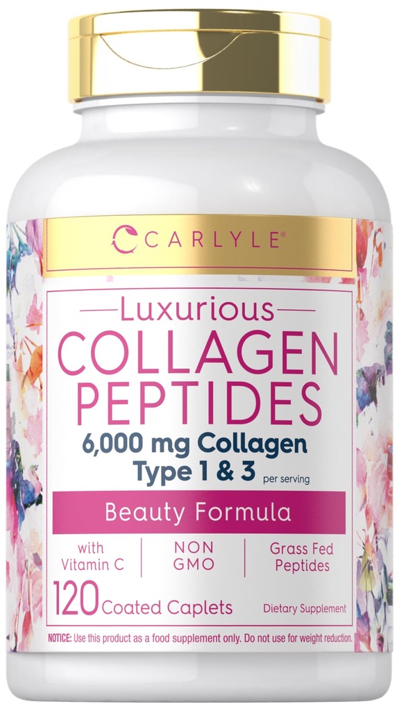 Carlyle Collagen ile C | 6000 mg | 120 Caplets | Multi Collagen Peptide Pills | Tip 1 ve 3 | Non-GMO, Gluten Free, Grass Fed
