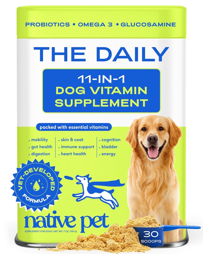 Yerli Pet Köpek Vitaminleri ve Supplements - 11-in-1 Köpekler için Çokvitamin Toz Topper - Collagen, Glucosamine, Probiyotikler, Omega & More- Supports Health Gut, Mobility & Genel Sağlık -30 Scoops