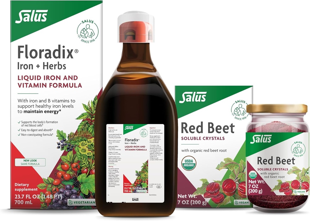 Floradix Iron & Herbs (23.7 oz) & Salus Red Beet Crystals (7 oz) - Συμπλήρωμα Σιδήρου για Υγιή Ενεργειακή Υποστήριξη* & Βιολογικό Διατροφικό Ρωγικό Μείγμα