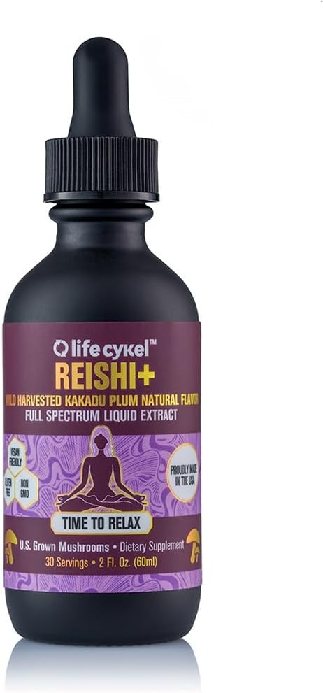 Life Cykel - Reishi Mushroom Extract w/Kakadu Plum- Adaptogen για Βοήθεια στον Ύπνο, Χαλάρωση & Κυτταρική Υποστήριξη - 100% Βιολογικά Μανιτάρια, Αντιοξειδωτικά Βιταμίνη C, 2oz (Packaging May Vary)