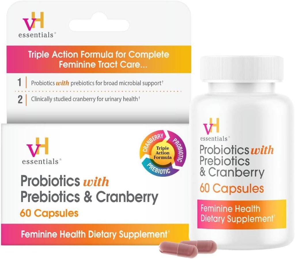 vH Essentials Prebiyotiks, Cranberry & Vitamin C - 60 Capsules (30 Günlük Supply) - Kadın Probiyotikleri Destek Gut Balance, Feminine Health & Urinary Tract Health for Women