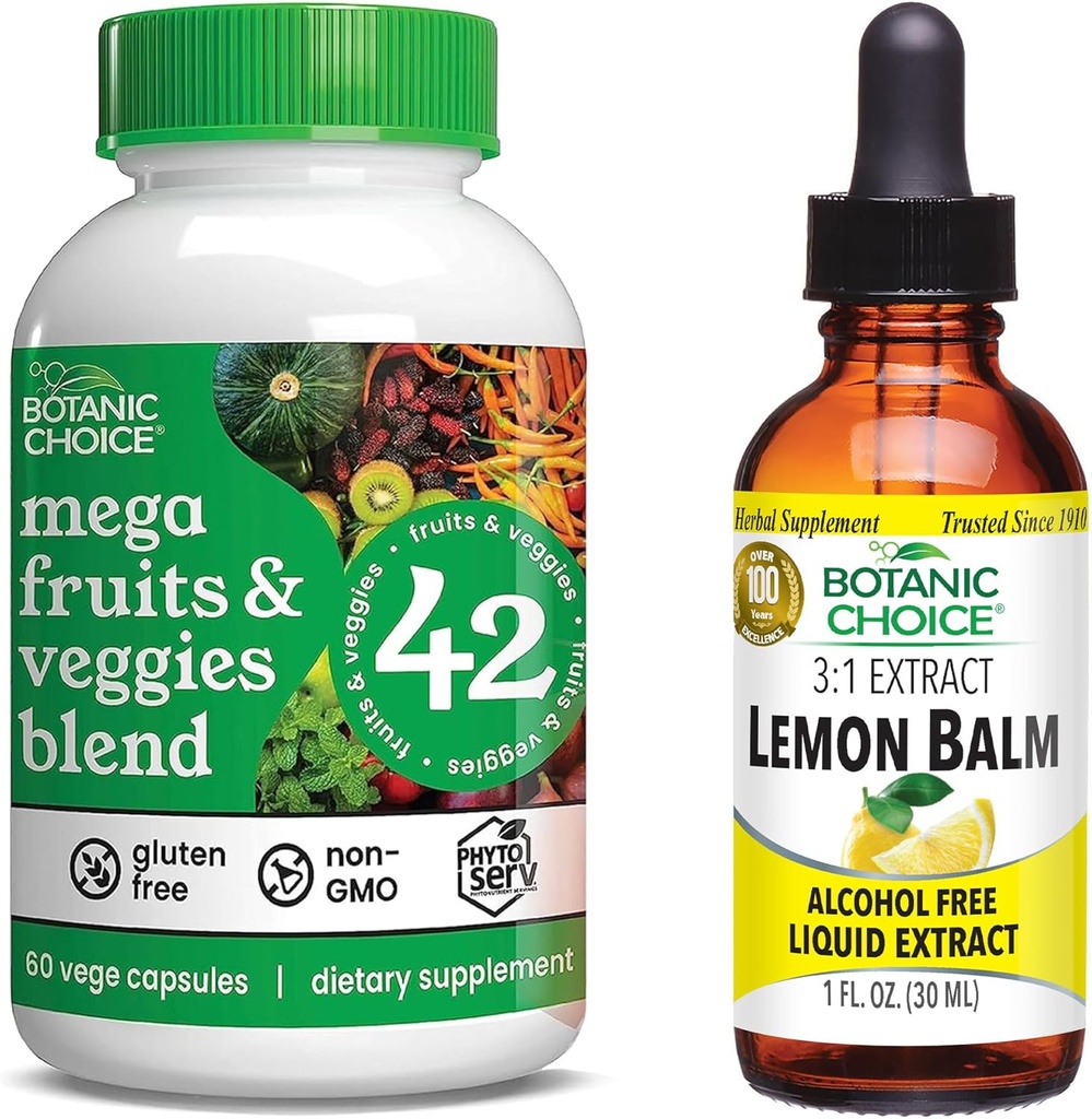 Botanic Choice Mega Fruits and Veggies Blend (60 κάψουλες) + Βάμμα βάλσαμου λεμονιού (1 fl oz) Bundle - Energy Balance & Superfood Supplement + Relaxation and Sleep Support