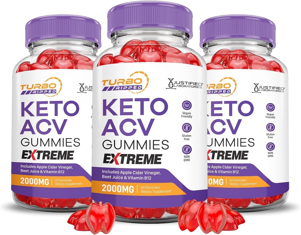 Justified Laboratories (3 Pack Tubo Ripped DW ACV Gummies Extreme 2000MG Tubo Ripped Keto Gummies Apple Cider Vinegar Formula B12 Vegan Non GMO 180 Gummys