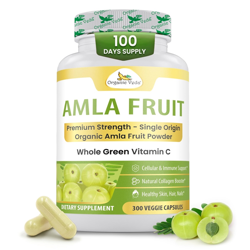 Organik Veda Amla Capsules - 1500 mg, 300 Capsules Organik Tüm Meyve Amla Toz - Immunity için Doğal Vitamin C, Skin Radiance, Antioksis - Vegan, GMO, Raw Vitamin C Supplements