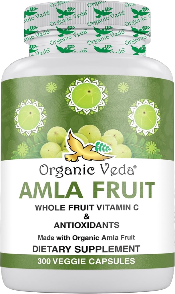 Organik Veda Amla Capsules - 1500 mg, 300 Capsules Organik Tüm Meyve Amla Toz - Immunity için Doğal Vitamin C, Skin Radiance, Antioksis - Vegan, GMO, Raw Vitamin C Supplements