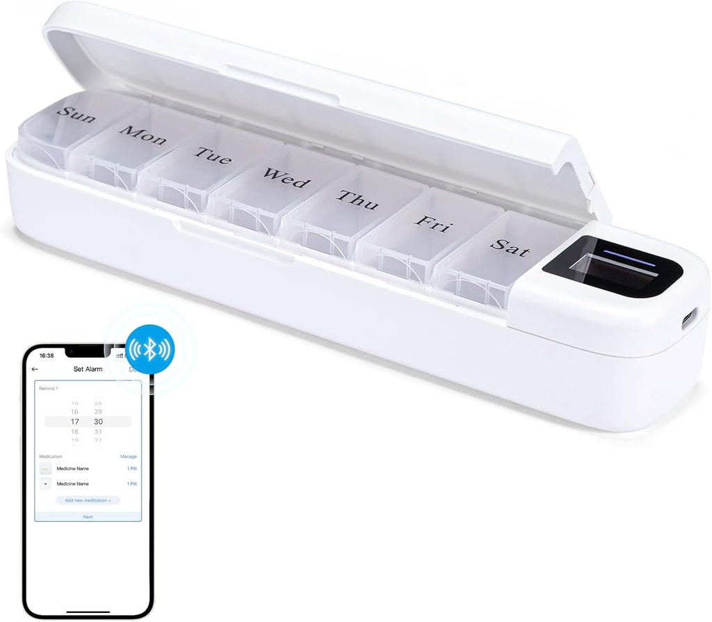 Odaro Smart Weekly Pill Organizer with Alarm - Bluetooth Pill Dispenser 7 Ημέρα, Βιταμίνες Pill Box Υπενθύμιση για ηλικιωμένους (Λευκό)