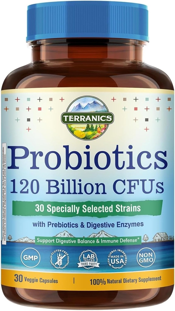 Terranics Probiotics 120 Δισεκατομμύρια με προβιοτικά & Digestive Ένζυμα, 30 Tested Strains, Complete Digestion & Immune Support, Non-GMO, NO Soy, Dairy & Glutten, για άνδρες και γυναίκες, 30 κάψουλες Veggie