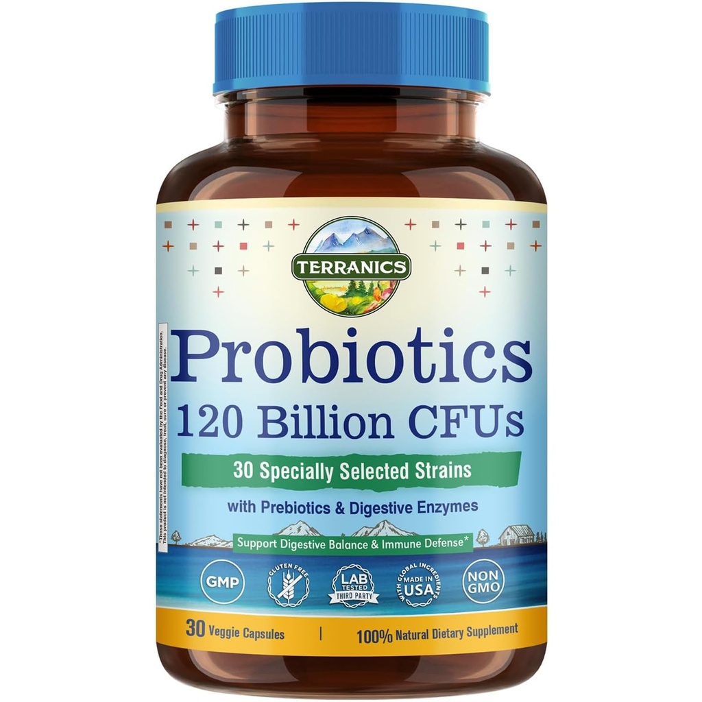 Terranics Probiyotiks 120 Milyar Prebiyotiks & Digestive Enzymes, 30 Tested Strains, Complete Digestion & Immune Support, Non-GMO, NO Soy, Süt & Gluten, for Men and Women, 30 Veggie Capsules