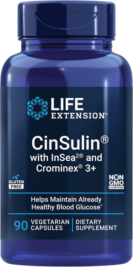 Life Extension CinSulin® with InSea2® and Crominex® 3+, shilajit, amla Fruit, Cinnamon, Brown Seaweed, Supports Healthy Metabolism and Satiety, Gluten-Free, Non-GMO, Vegetarian, 90 Capsules