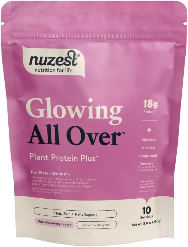Nuzest Protein Plus | Glowing All Over | Strawberry | Sağlıklı Saç, Skin, Nails ve Collagen Production | Vitaminler ve Mineraller | 8.8oz / 250g (10 hizmet)