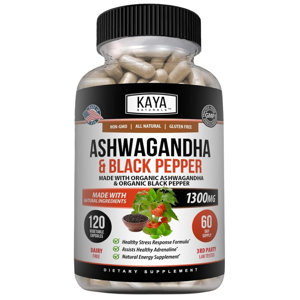 Kaya Naturals Ashwagandha 1300 mg, Stres Yardımı için 120 Kont Capsules, Adrenal, Mood & Thyroid Support, Black Pepper ve 100% Pure Ashwagandha -120 Capsules