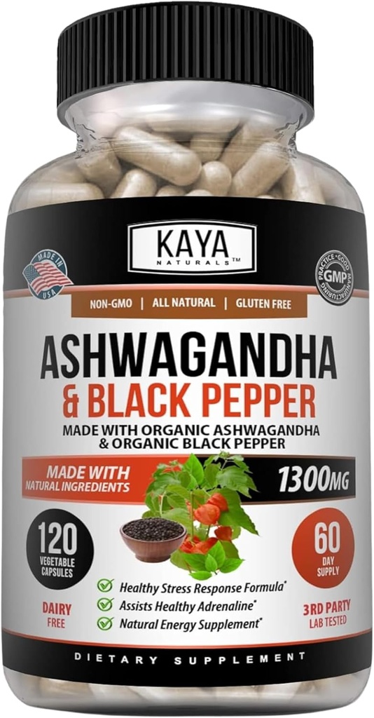 Kaya Naturals Ashwagandha 1300 mg, Stres Yardımı için 120 Kont Capsules, Adrenal, Mood & Thyroid Support, Black Pepper ve 100% Pure Ashwagandha -120 Capsules