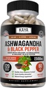 Kaya Naturals Ashwagandha 1300mg, 120 Κάψουλες Κόμης για την ανακούφιση από το στρες, Adrenal, Mood & Thyroid Υποστήριξη, Μαύρο πιπέρι και 100% Καθαρή Ashwagandha -120 Κάψουλες