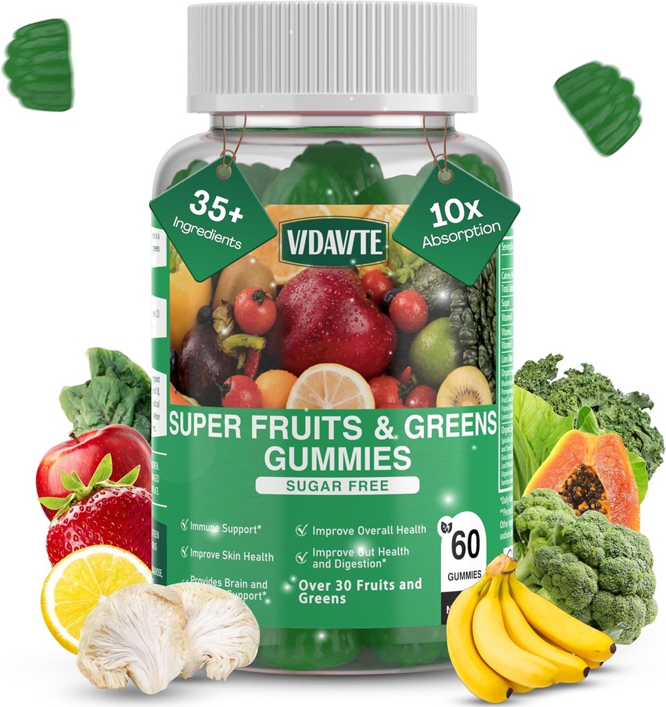 Sugar-free Super Greens Gummies - US-Made, 35+ Meyve ve Veggie dişilleri Immunity, Skin & Gut Health - İdeal Meyveler ve Sebzeler Yetişkinler ve Picky Gençler için Tamamlanmış