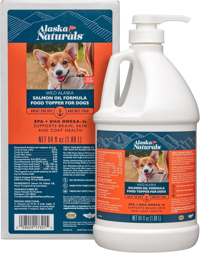 Alaska Naturals Wild Alaskan Salmon Fish Oil Supplement for Dogs Skin and Coat with EPA DHA Omega 3 Fatty Acids Liquid Food Topper 64 oz. Pump Pump