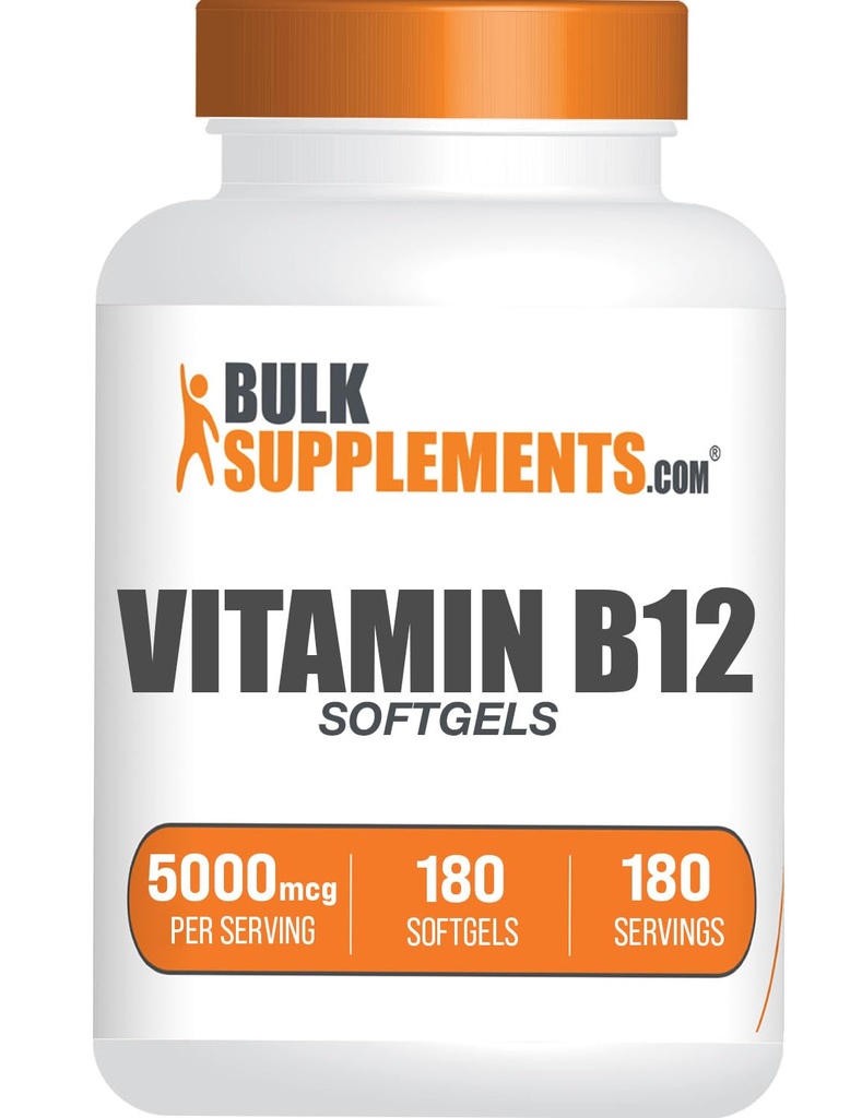 BulkSupplements.com Vitamin B12 5000 mcg Softgels - Cyanocobalamin, B Supplements, B12 Vitaminleri Pills - Gluten Free, 1 Vitamin B12 Yumuşakgel per Service, 180-Day Supply, 180 Softgels