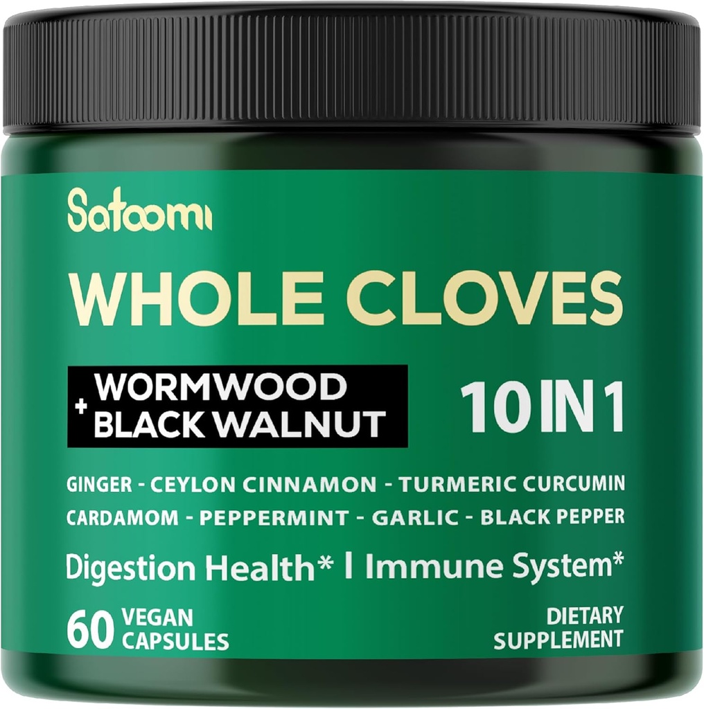 Satoomi 10in1 Clove Supplement Rich in Vitamins & Minerals for Digestive, Immune System, Bone & Heart Health with Wormwood, Black Walnut, Cinnamon, Turmeric, Ginger, Cardamom - 60 Capsules