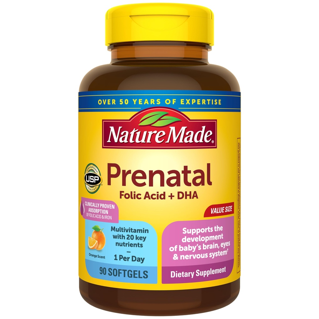 Nature Made Prenatal with Folic Acid + DHA, Prenatal Vitamin ve Mineral Supplement for Daily Nutritional Support, 90 Softgels, 90 Day Supply Supply