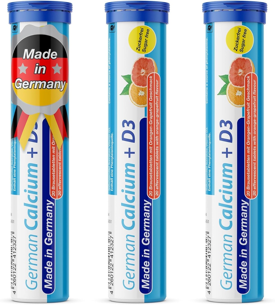 German Calcium + Vitamin D Drink Effervescent Tablets 60 Servings Orange-Grapefruit Flavour - 500 mg Calcium, 2,5 μg Vitamin D3 - T&D Pharma – Made in Germany