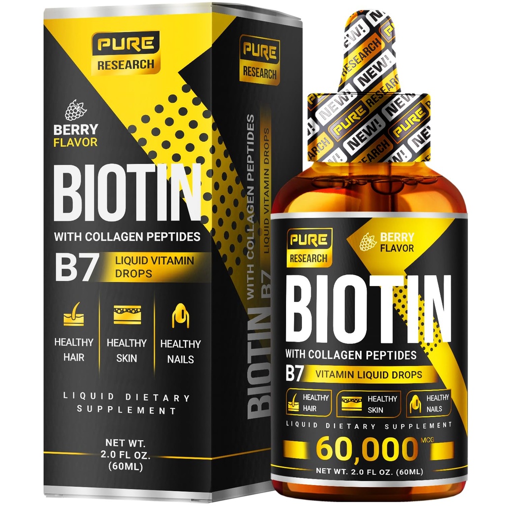 Υγρή βιοτίνη & κολλαγόνο Hair Growth Drops 60.000mcg - Βιοτίνη και υγρό κολλαγόνο συμπλήρωμα για άνδρες & γυναίκες - Λαμπερή υποστήριξη του δέρματος, υγιή μαλλιά & ανάπτυξη νυχιών - 2 ουγγιές
