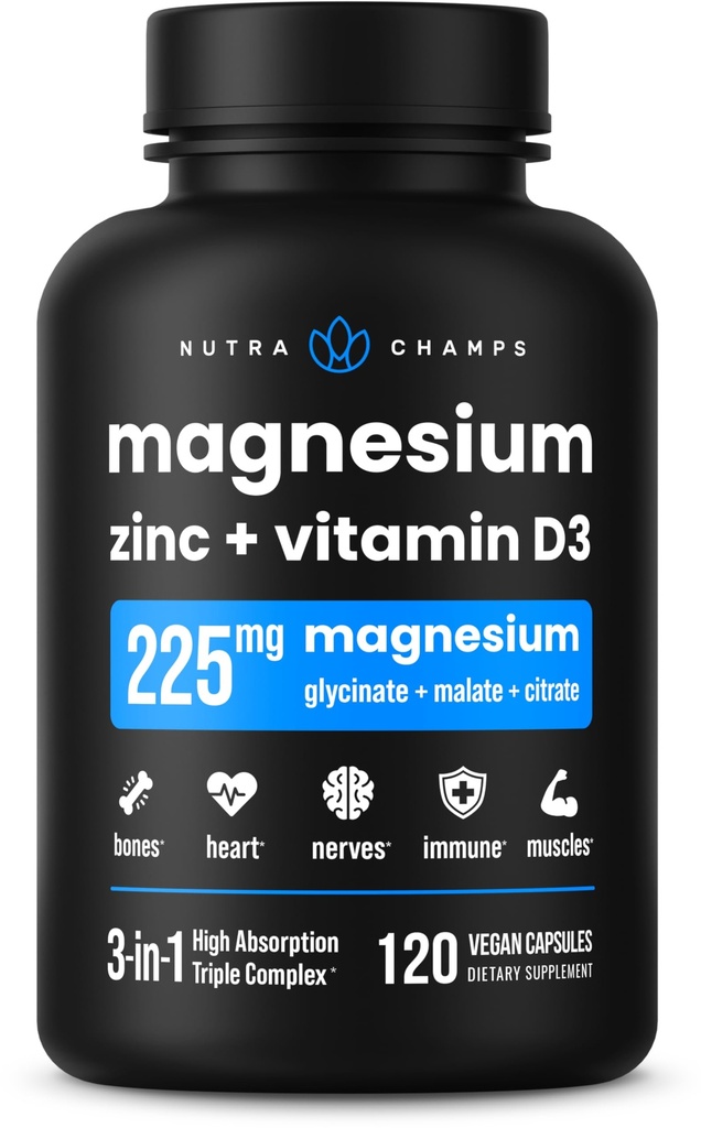 Magnesium Zinc & Vitamin D3 Supplement - Most Bioavailable Forms; Magnesium Glycinate, Malate, Citrate - Bone, Muscle & Heart Health, Immune Support - 120 Vegan Capsules