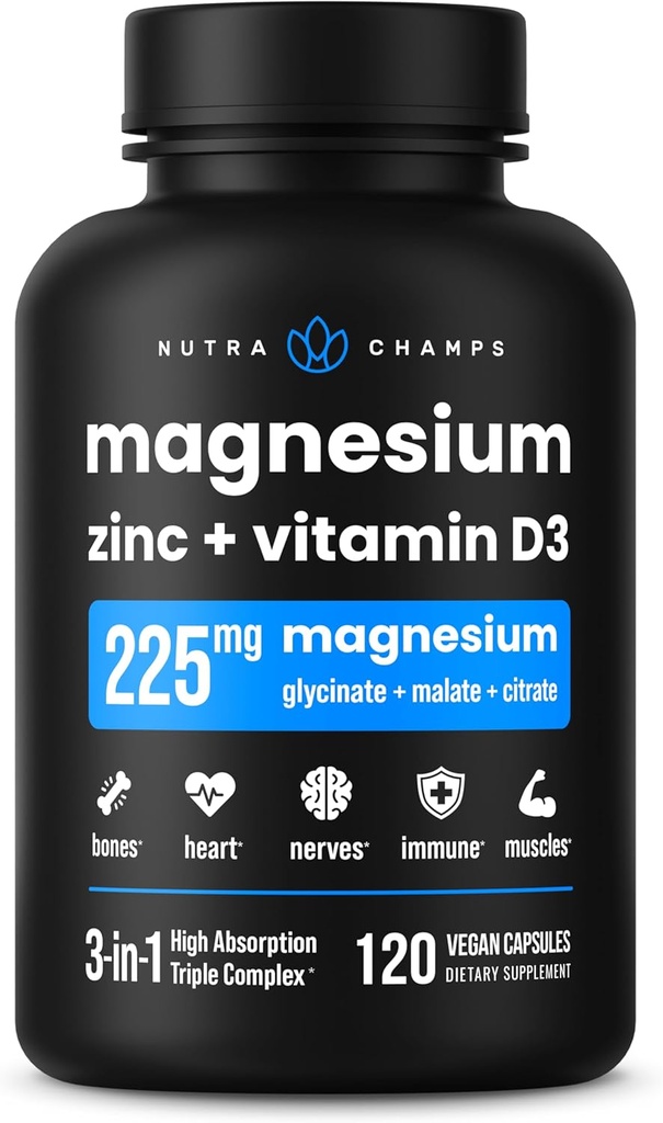 NutraChamps Magnesium Zinc & Vitamin D3 Supplement - Οι περισσότερες βιοδιαθέσιμες μορφές; Μαγνήσιο Γλυκινικό, Μηλεϊνικό, Κιτρικό - Οστική, Μυική & Καρδιακή Υγεία, Ανοσοποιητική Υποστήριξη - 120 Vegan Κάψουλες