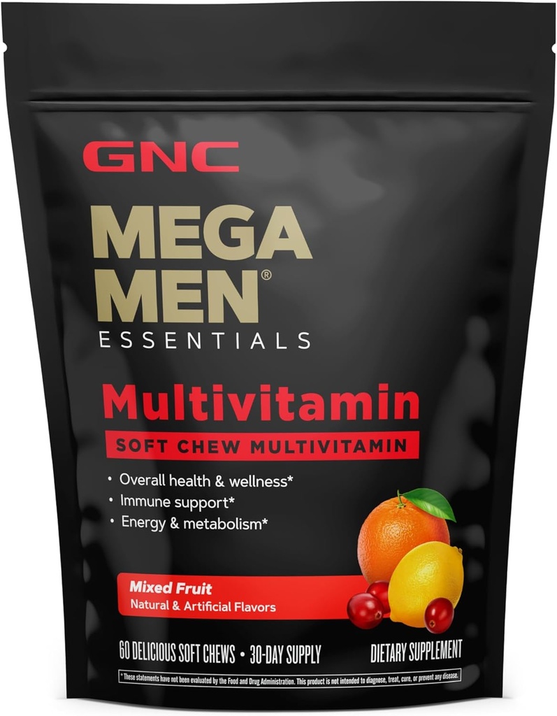 GNC Mega Erkekler Yumuşak Chew Multivitamin | Enerji & Metabolism Desteği | Gluten Ücretsiz | Karma Meyve | 60 Kont