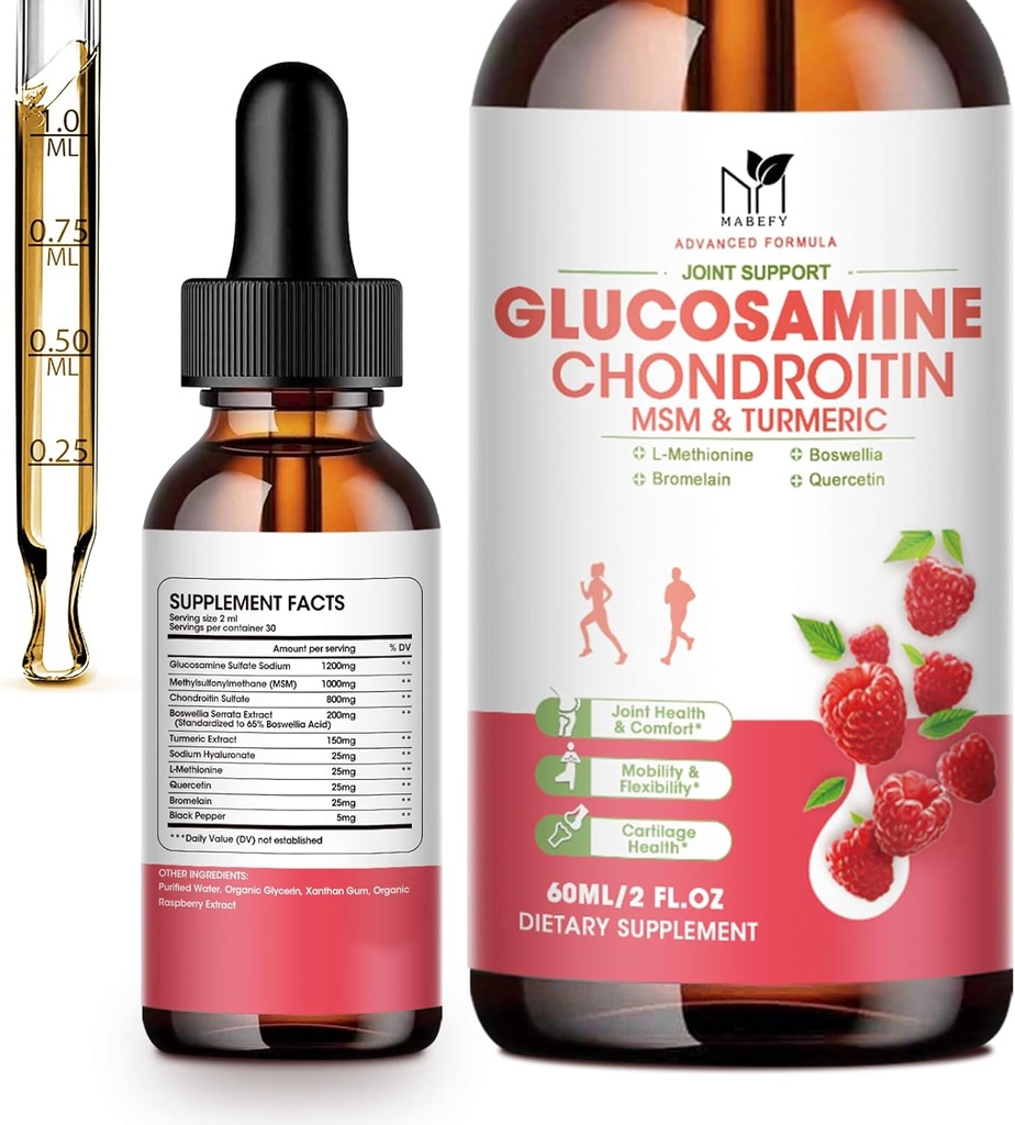 Glucosamine Chondroitin MSM Liquid Drops-w / Turmeric Boswellia Quercetin Bromelain-Vegan, Antioksit Desteği için Geri,Knee,Hands-Joint Support Supplement Supports Sağlıklı Ortaklar, Hareketlilik ve Kartilageage