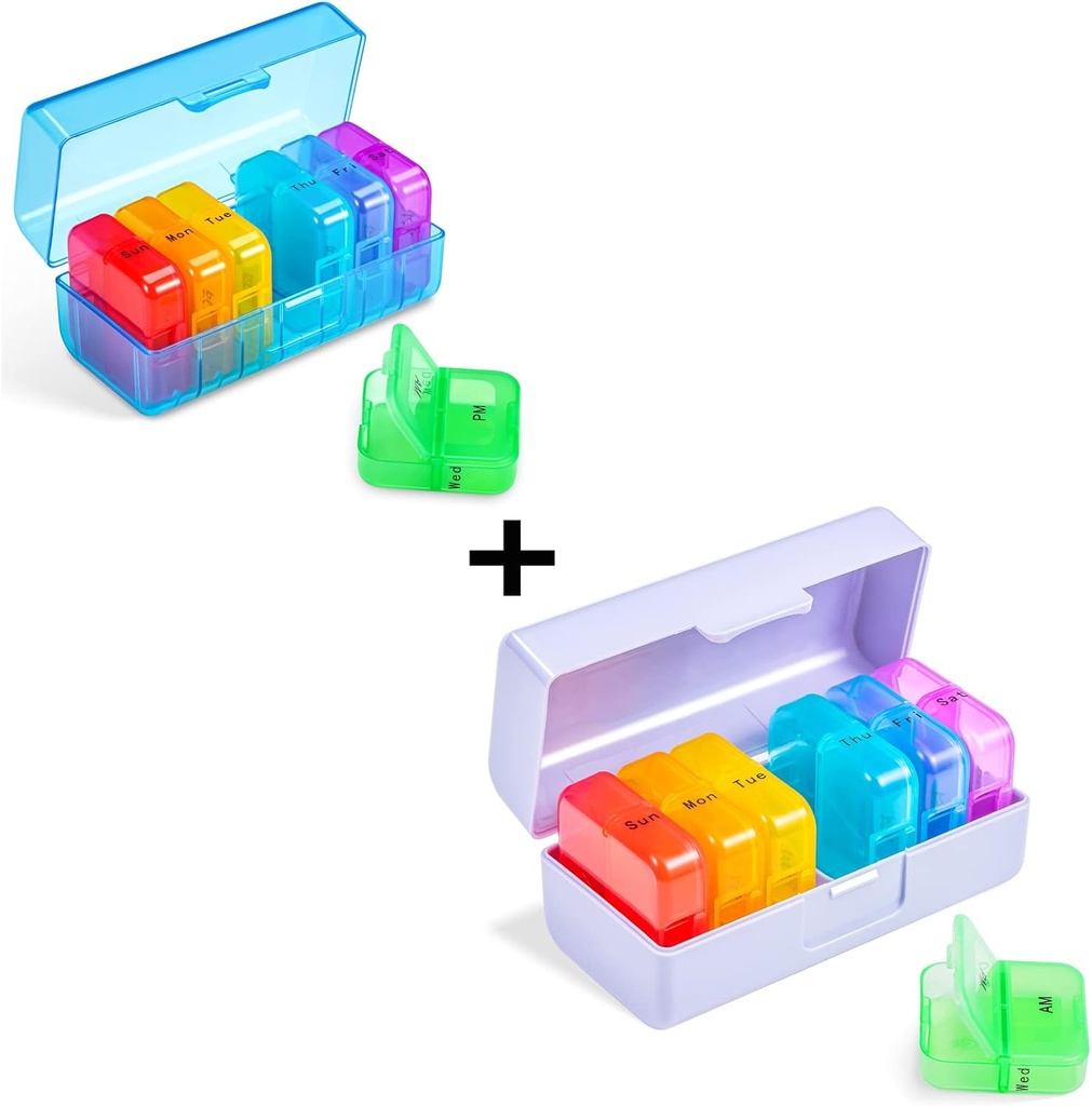 Zoxy Weekly Pill Organizer 2 Times a Day, Rainbow 7 Day Am Pm Pill Box, Daily Am Pm Pill Organizer 7 Gün, Portatif Vitamin Pill Case, Weekly Pill Box for Fish Oils, Vitamin, Supplement (2 Pack)