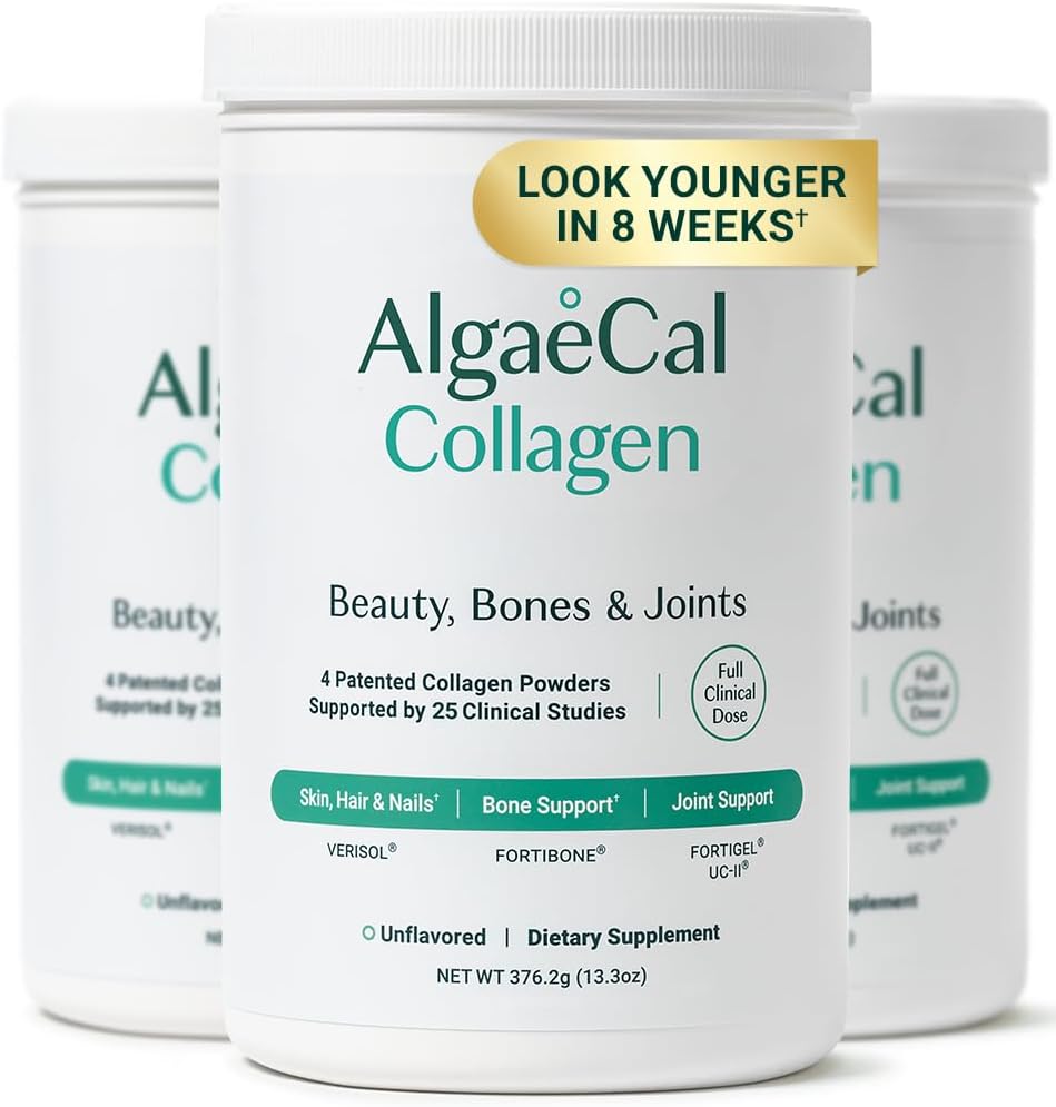 ALGAECAL Collagen - 4 Klinik olarak Desteklenen VER VERISOL®, FORTIGEL®, UC-II®, FORTIBONE®, Anti-Aging Hydrolyzed Collagen Toz, 3 Packs, ABD'de Yapıldı