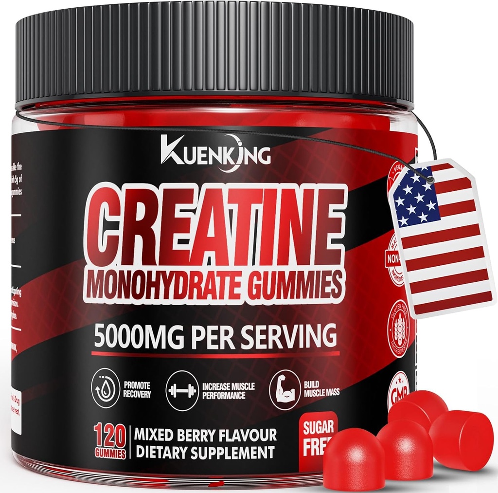 Erkekler ve Kadınlar için Kreatif Monohidrat Gummies, Sugar Free Vegan Tinatine Gummies 5g for Muscle Strength, Energy Boost, Pre Workout Supplements, Boost Focus & Endurance(120 Count)- Karma Berry