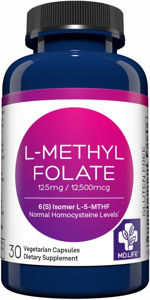 MD Life L-Methylfolate 12.5 mg Supplement - Profesyonel-Grade Active L Torchfolate Supplement - 30 Capsules - L-Methylfolate 12.5 mg - maksimum Potency MTHFR W /Esential