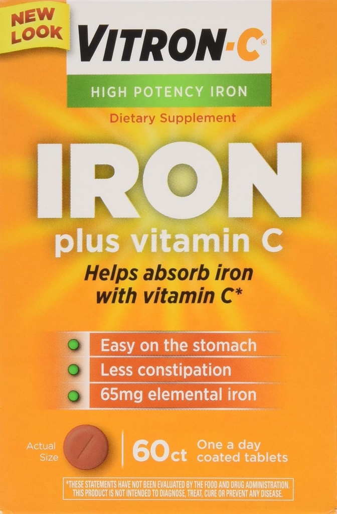 VITRON- C δισκία υψηλής ισχύος σιδήρου Plus Βιταμίνης C - 60 Ea - 3 συσκευασίες