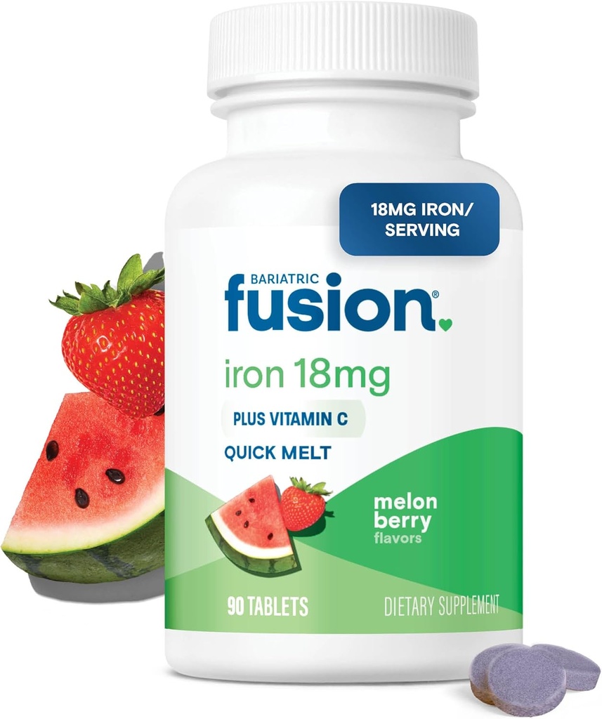 Bariatrik Fusion Iron Supplement for Women Quick Melt | Sugar Free Dissolvable Chewable Iron Tabletler | Ferrous Fumarate 18 mg Demir C | Melon Berry | Gluten, Dairy ve Soy Free | 90 Count