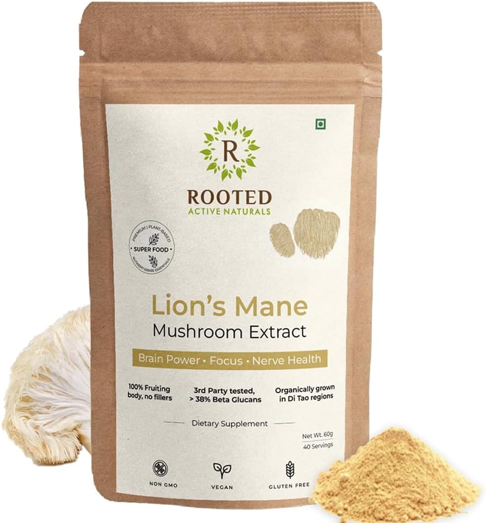 ROOTED Active's, Lions Mane Mushroom Extract Toz (Cerated Organic, 38%  Doğrulanmış Tedarikçi, Beta Glucans / Cognition, Clarity, Focus & Mood, Brain Health Support (2.11 Ounce)