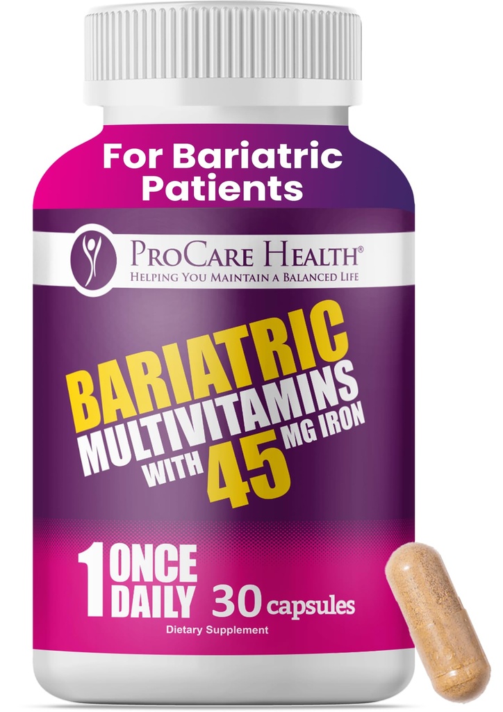 ProCare Υγεία Μπαριατρική πολυβιταμίνη με 45mg σιδήρου (30 εύκολο να καταπιούν κάψουλες) - Μια φορά την ημέρα Post-Op Υποστήριξη για γαστρική παράκαμψη & μανίκι με 1 μήνα προσφοράς, χωρίς τεχνητά χρώματα, χωρίς γλουτένη
