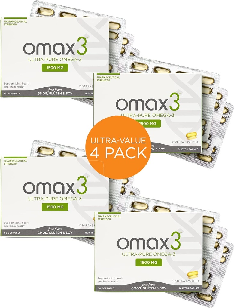 Omax3 Ultra-Pure Omega-3 Fish Oil Pills | High Concentration EPA DHA,1500 MG, Gluten Free, Non-GMO, ABD'de Made, 240 Softgels F (4 Kutu)