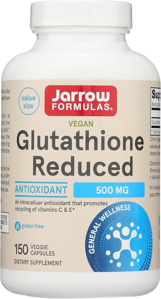 Jarrow Formulas Glutathione 500 mg - 150 Veggie Capsules - Intracellular Antioksi - Quality Glutathione Supplements - Vitaminlerin Geri Dönüşümü C & E - Non-GMO - Gluten Free - Vegan