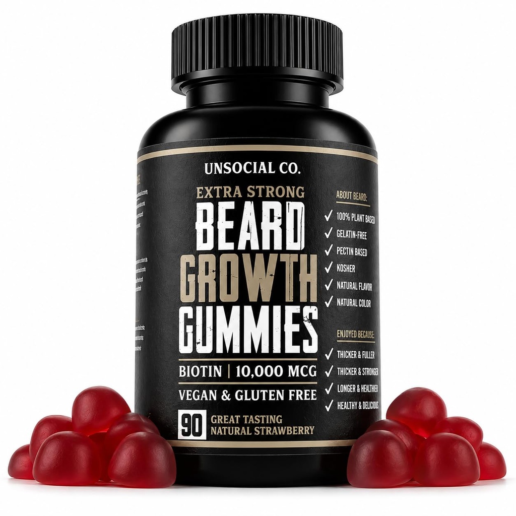 Unsosyal Co. Ekstra Güçlü Ayıd Büyüme Vitaminleri Gummies | Biotin 10000 MCG | Erkekler için Güçlü ve Yüz Saç Büyümesi | Erkekler için Ayılar Gummies